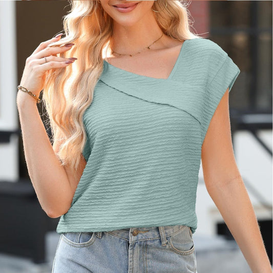 Women's Diagonal Collar Fashion Casual Short Sleeve Fashion T-shirt