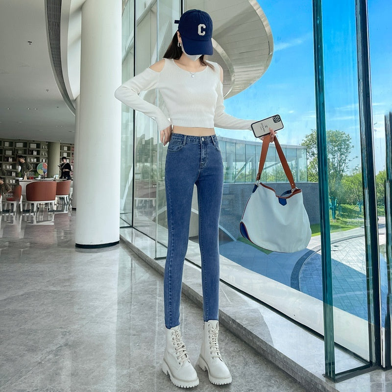 Dark Blue Jeans Women's High Waist Spring Stretch Slimming Skinny Close-fitting Fleece