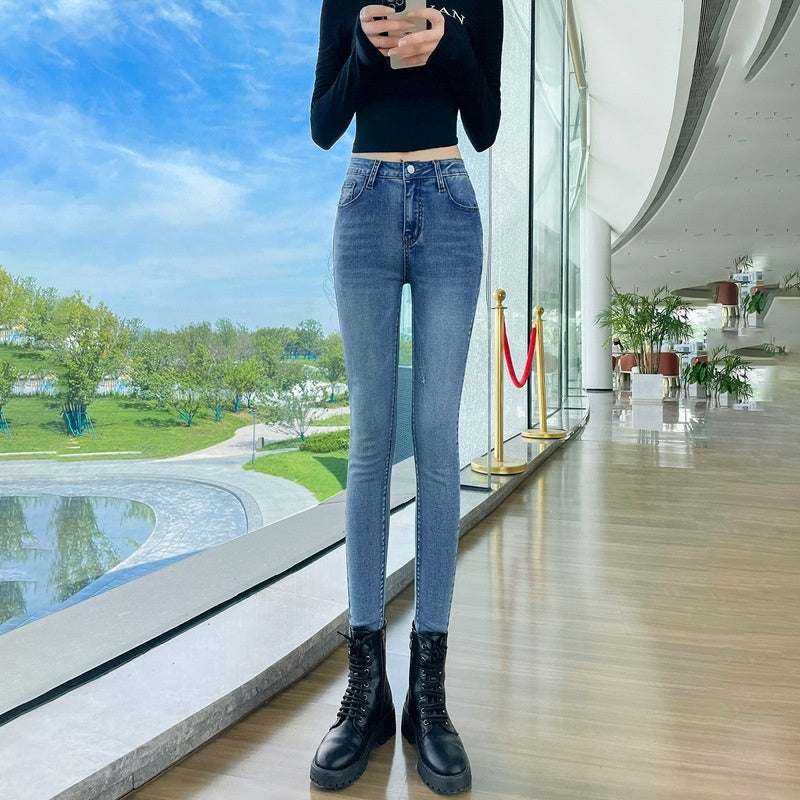 Dark Blue Jeans Women's High Waist Spring Stretch Slimming Skinny Close-fitting Fleece