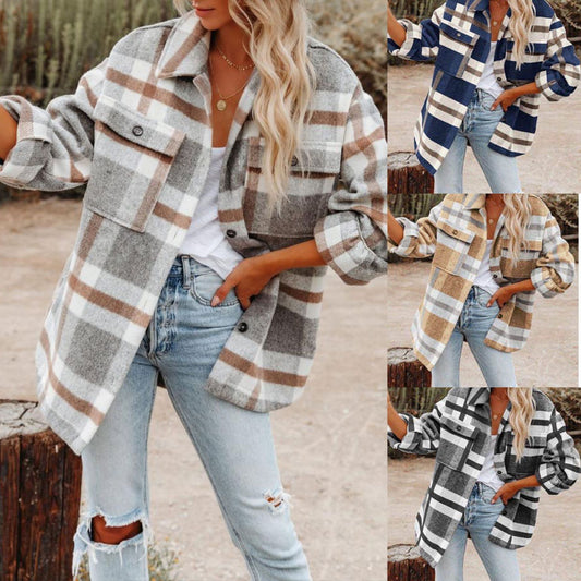 Women's Long-sleeved Loose Plaid Shirt Woolen Jacket