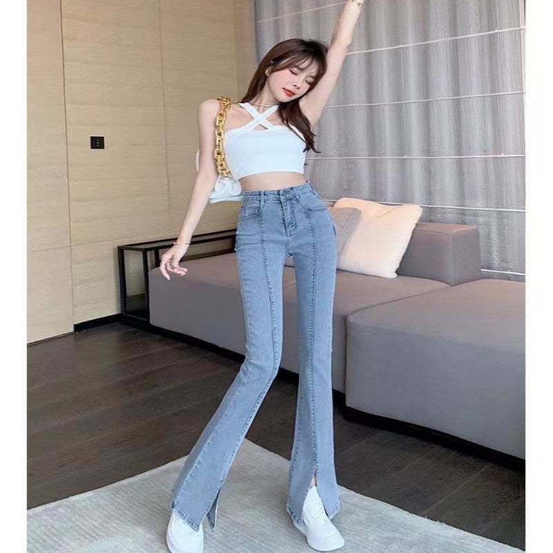 Light Color Flattering Slim Fit Slit Jeans Show High Shape