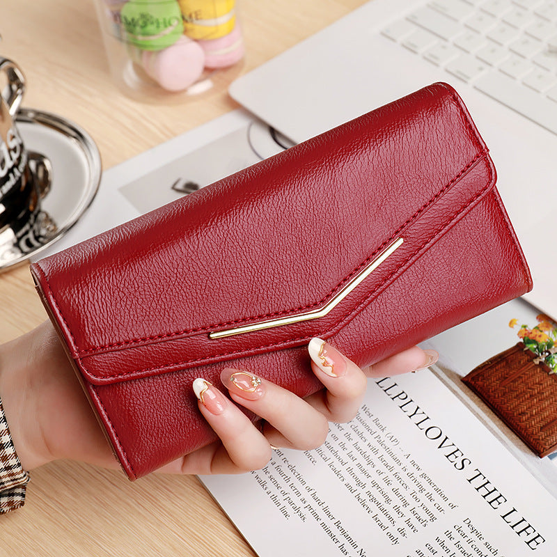 Women's Long Three-fold Stitching Fashion Multi-card-slot Leather Oil Wax Leather Large-capacity Wallet