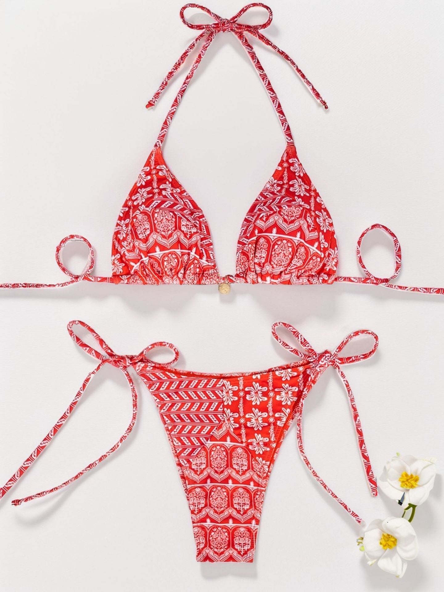 Women Printed Lace-up Bikini Split Swimsuit Swimwear