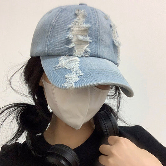 Summer Korean Style Denim Make Old Ripped Peaked Cap