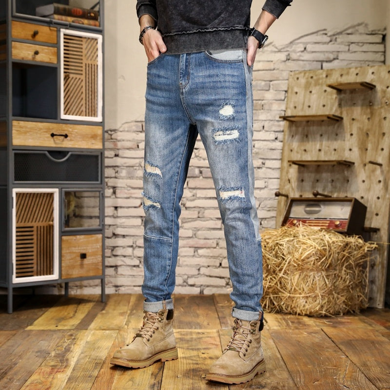 Men's Hole & Patch Contrast Color Slim Fit Straight Jeans