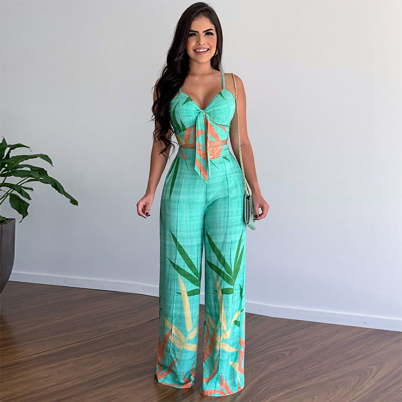 New Linen V-neck Short Vest High Waist Print Wide Leg Pants Two-piece Set