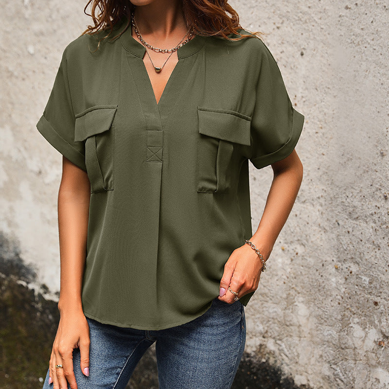 Women's European And American Solid Color And V-neck Pocket Elegant Shirt