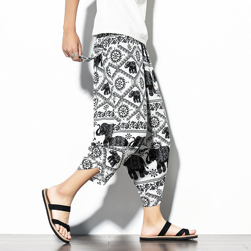 Printed Pants Baggy Cotton And Linen Loose Casual Cropped Pants