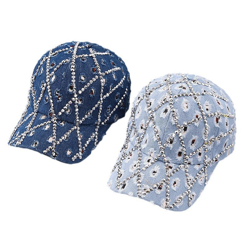 Ripped Diamond Denim Baseball Cap Leopard Rhinestone Fashion Peaked Cap