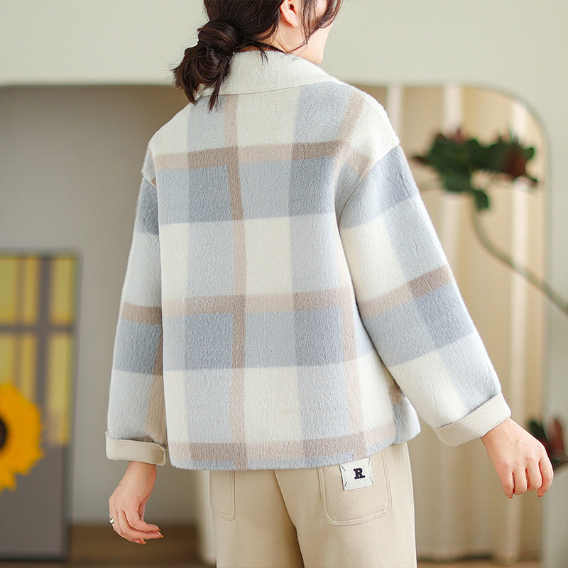 Plaid Fur Integrated Woolen Mink Velvet Coat