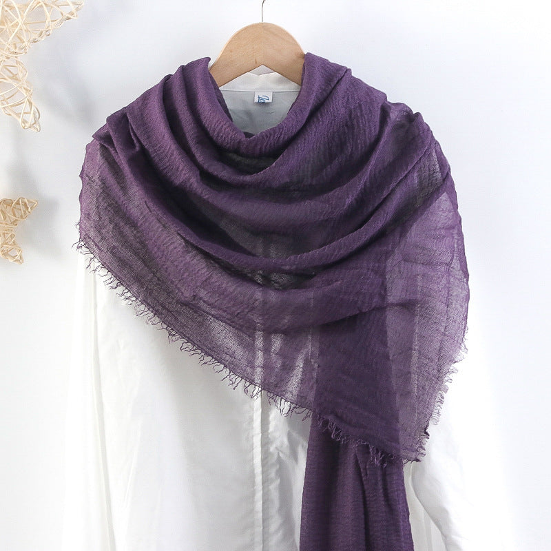 Solid Color Pleated Cotton And Linen Scarf Monochrome Women's Hair Towel Crumpled Burrs