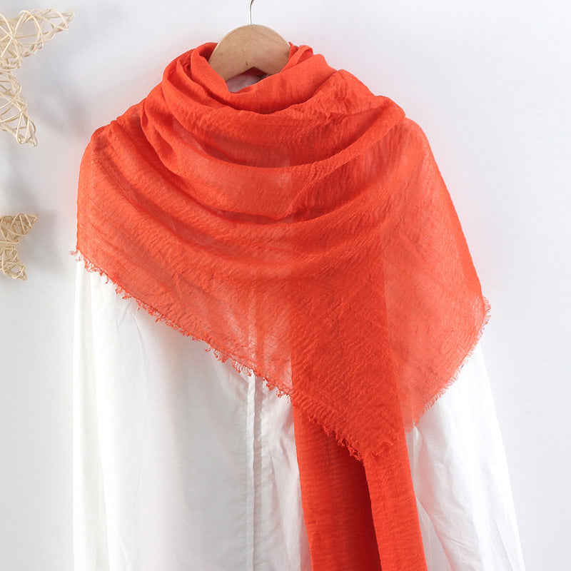 Solid Color Pleated Cotton And Linen Scarf Monochrome Women's Hair Towel Crumpled Burrs