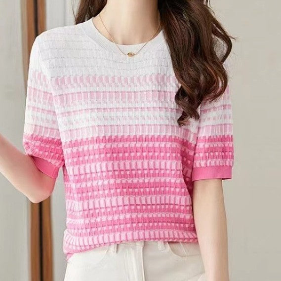 Women's Round Neck Contrast Color Jacquard Plaid Short-sleeved Sweater