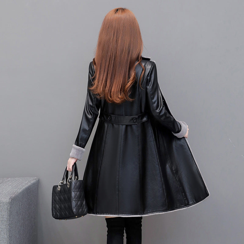 Thin Plus Velvet Thick Pu Leather Trench Coat