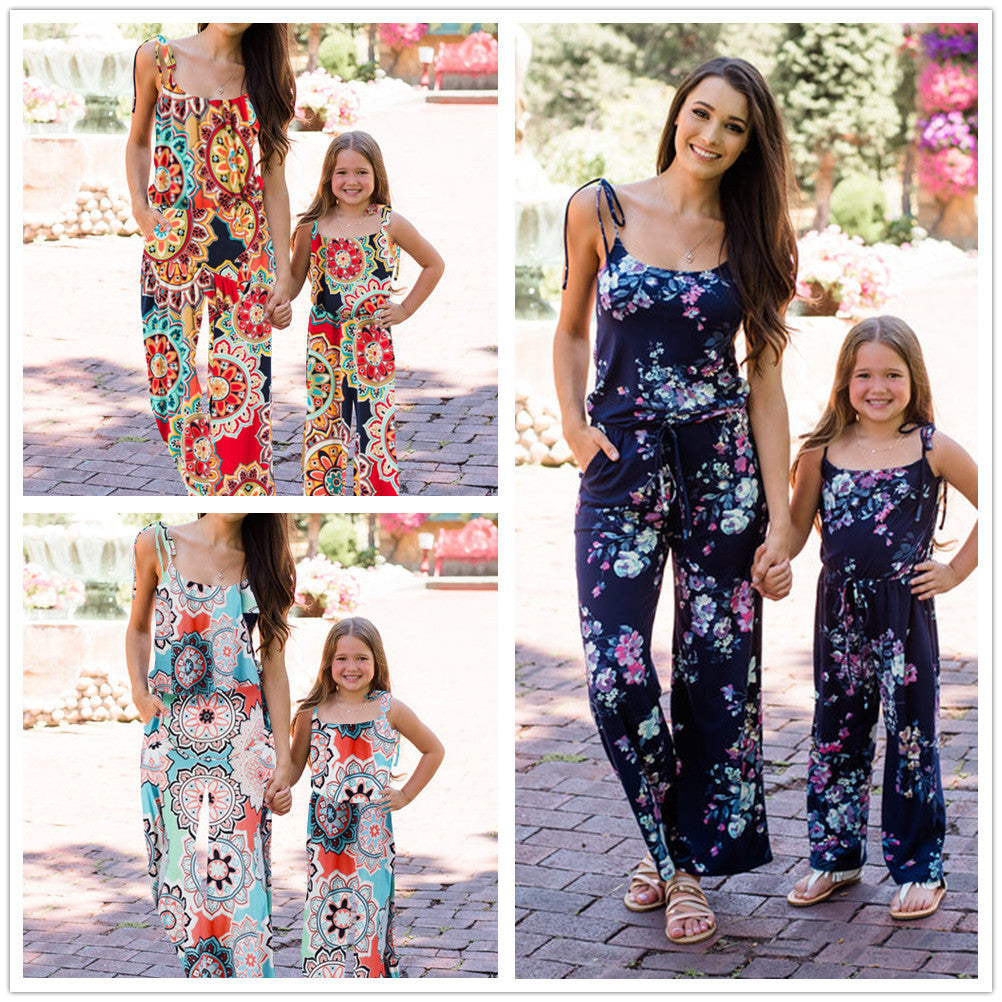 Printed suspender jumpsuit parent-child suit