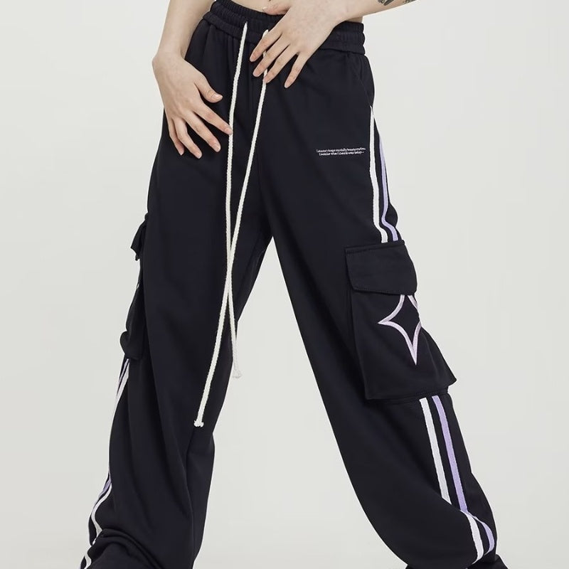 Embroidered Striped Cotton Cover Silk Sweatpants Men And Women Loose