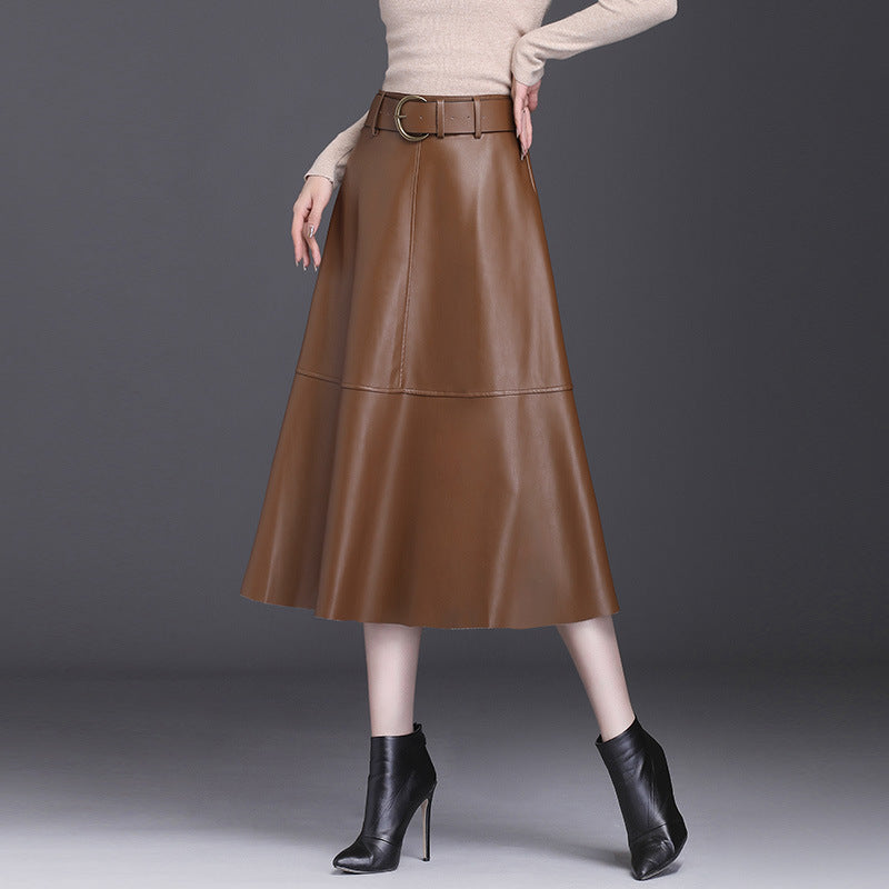 Leather Skirt Female A- Line High Waist Pleated Umbrella Skirt