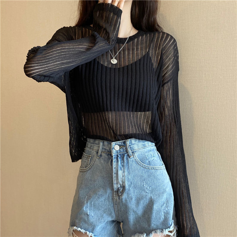 Korean Style Loose Thin Long Sleeved Hollow Knit Sweater Women