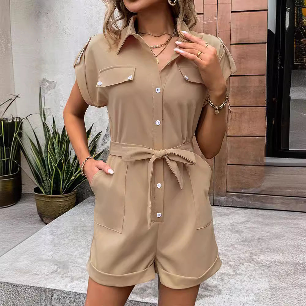 Summer Commute Pocket Tied High Waist Lapel Jumpsuit