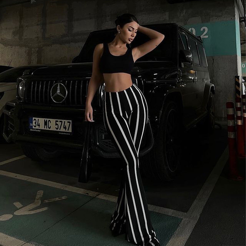 Striped Slightly Flared Black And White Contrast Casual Pants