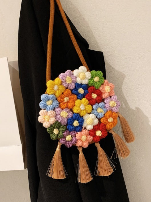 Ethnic Fluffy Bag For Women, 2025 New Fashion Trend, Floral Small Round Bag, Stylish And Versatile, Can Be Worn On One Shoulder Or Cross-body