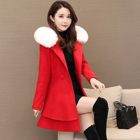 Women's Contrast Color Fur Collar Woolen Coat Amazon Plaids And Tweedst Slim Fit