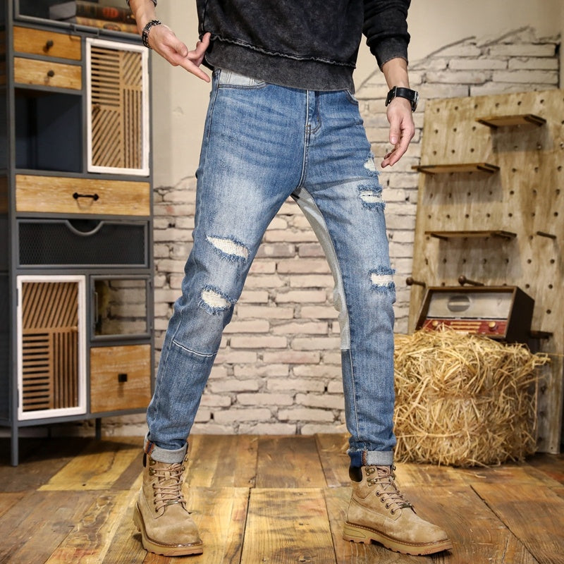 Men's Hole & Patch Contrast Color Slim Fit Straight Jeans