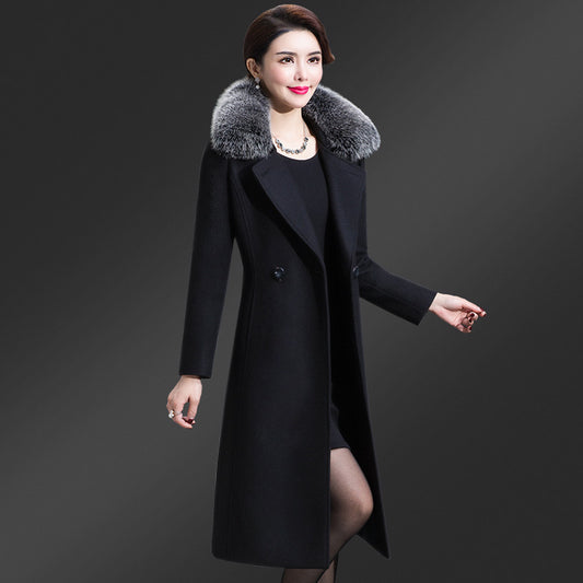 Korean Version Fox Fur Collar Single Side Cashmere Coat