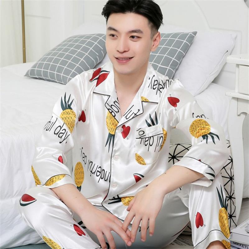 Men's Thin Silk Pajamas Long Sleeve Suit