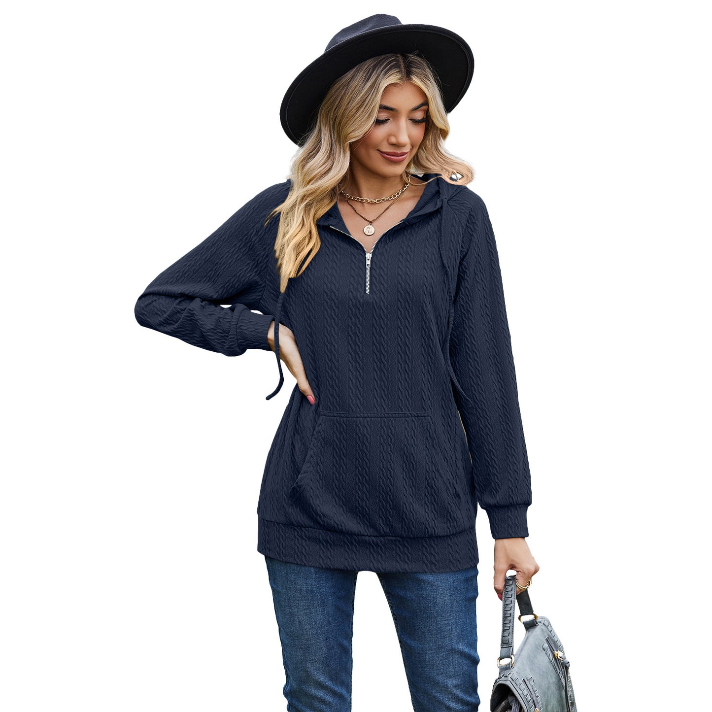 Women's Fashion Solid Color Hooded Zipper Loose Long Sleeve Sweatershirt