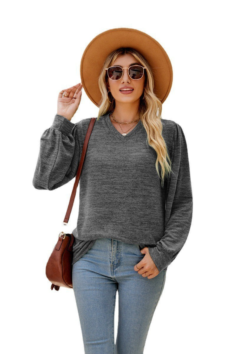 Loose Casual Puff Sleeve V-neck Long Sleeve Top Women