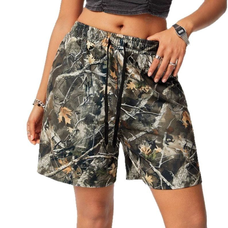 Drawstring Exercise Camouflage Leaf Print Casual Shorts