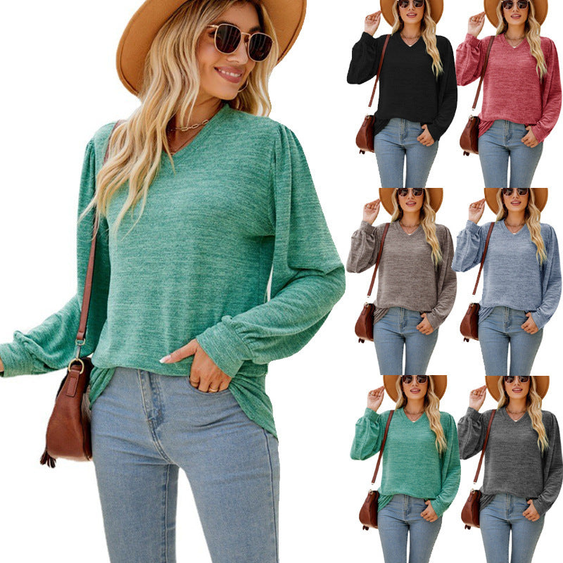 Loose Casual Puff Sleeve V-neck Long Sleeve Top Women