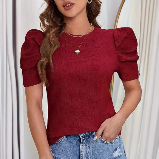 Casual Solid Color Puff Sleeve Solid Round Neck T-shirt