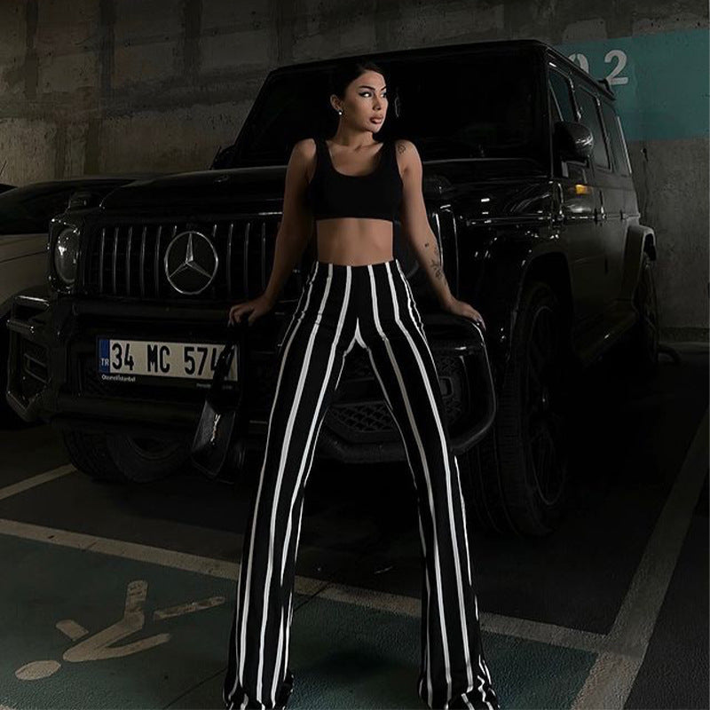 Striped Slightly Flared Black And White Contrast Casual Pants