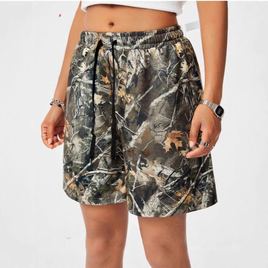 Drawstring Exercise Camouflage Leaf Print Casual Shorts