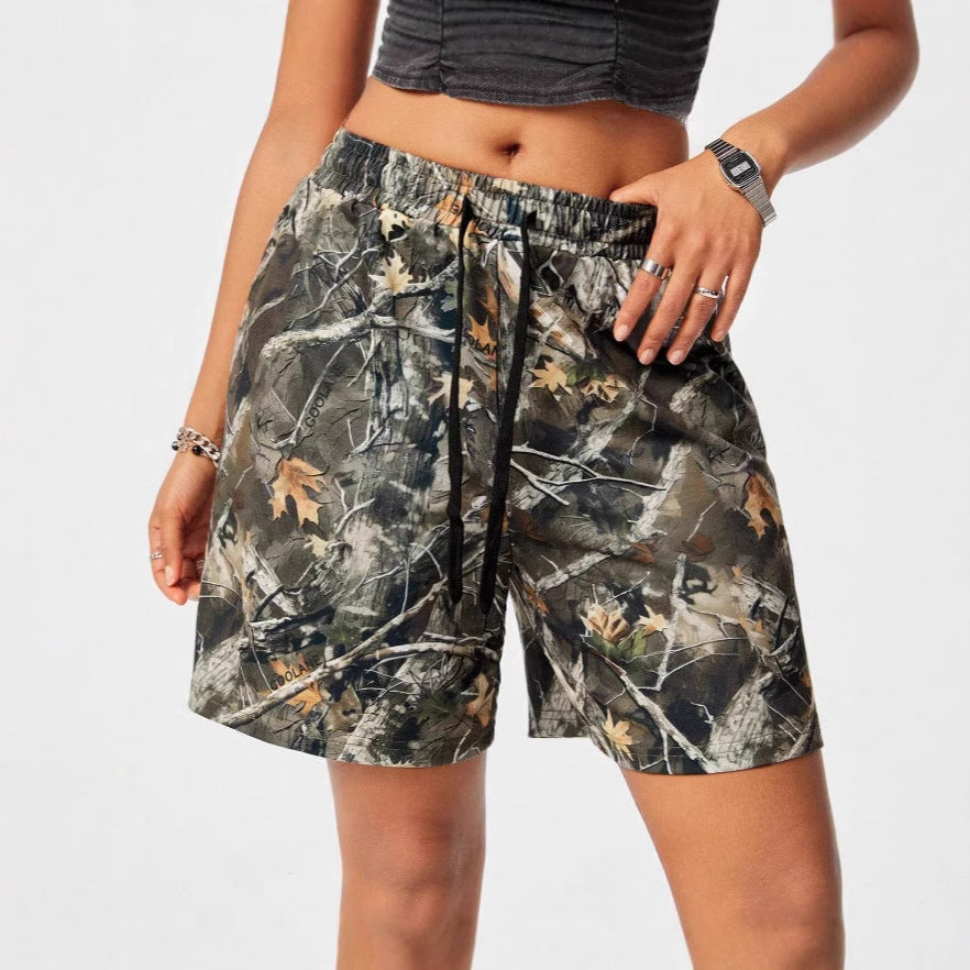 Drawstring Exercise Camouflage Leaf Print Casual Shorts