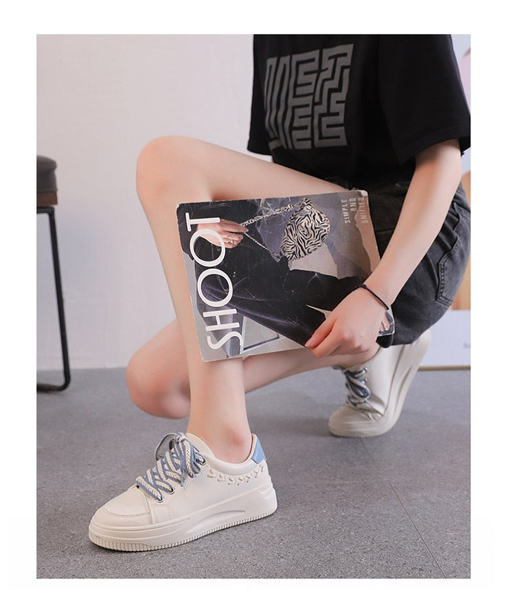 Student Versatile Casual Leather Women's Sports Platform Sneakers