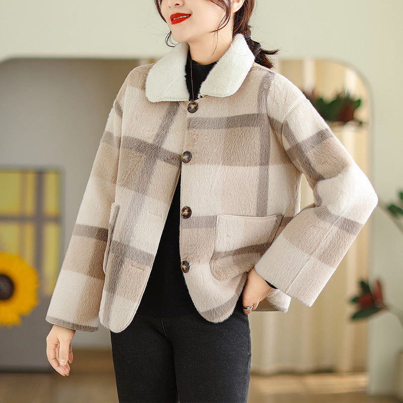 Plaid Fur Integrated Woolen Mink Velvet Coat