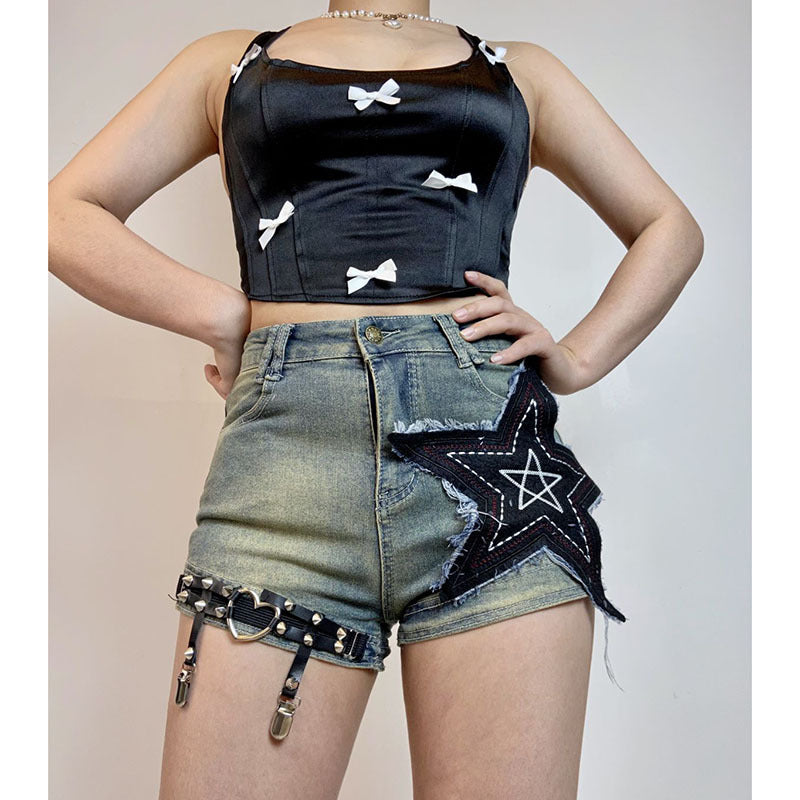 American Retro Denim Shorts Women's XINGX Patch Skinny Slimming Hot Girl Y2g Punk Hot Pants