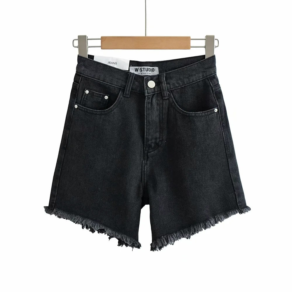 High Waist Slimming Frayed Hand Frayed Denim Shorts