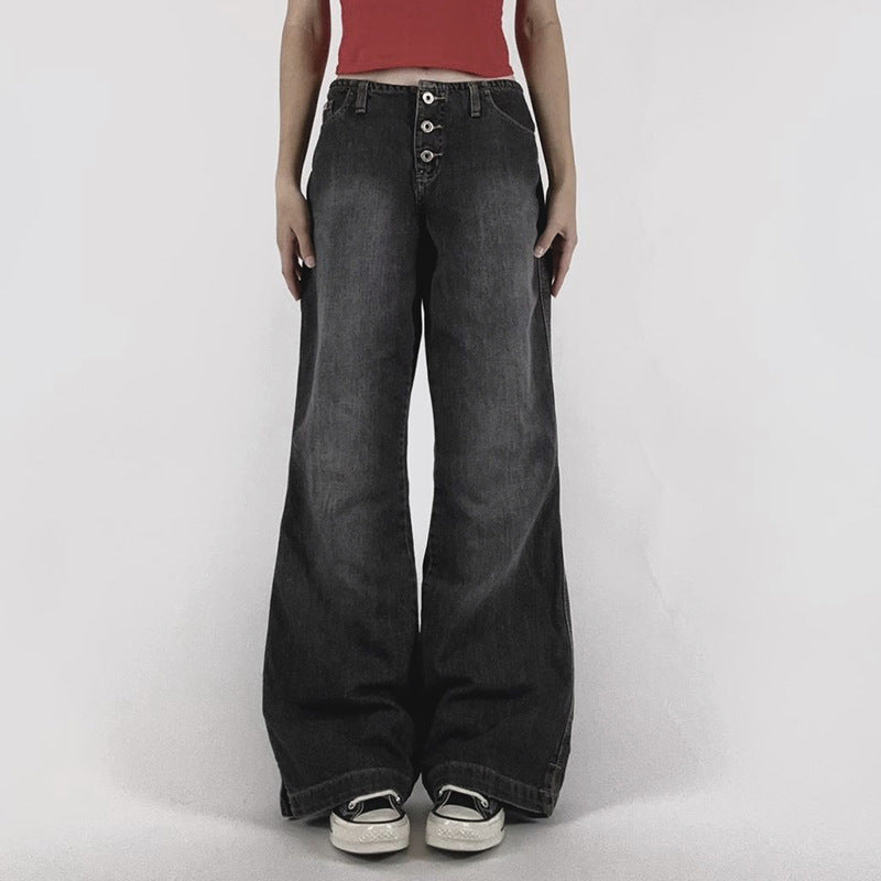 American-style Retro Breasted Wide-leg Denim Trousers