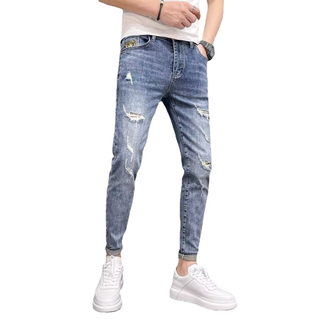 Spring And Autumn New Men's Fashion Ripped Jeans Skinny Pants Trendy Brand Pants Spring And Autumn Thin