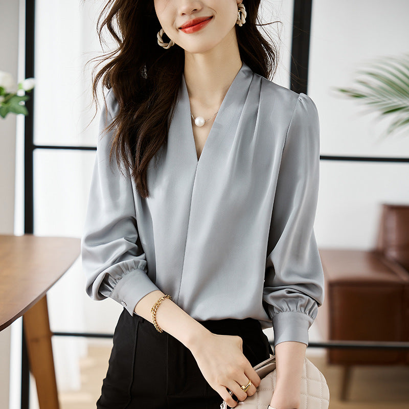 V-neck Lightly Mature Commuter Satin Chiffon Blouse Top