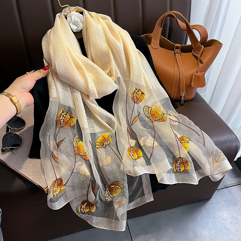 Chinese Style Pearl Flower Scarf Women's Embroidered Silk Scarf Warm Shawl