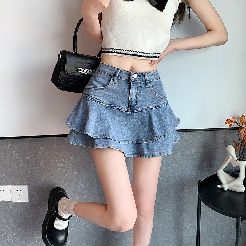 High Waist A- Line Fishtail Puffy Ruffled Denim Skirt Women