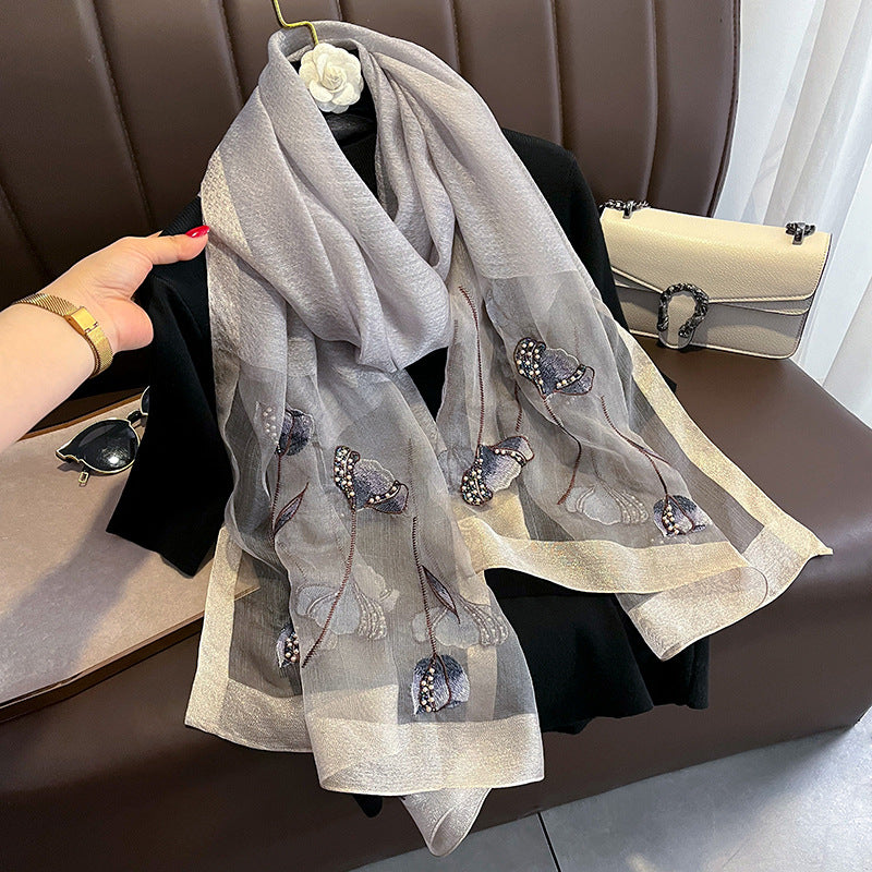 Chinese Style Pearl Flower Scarf Women's Embroidered Silk Scarf Warm Shawl