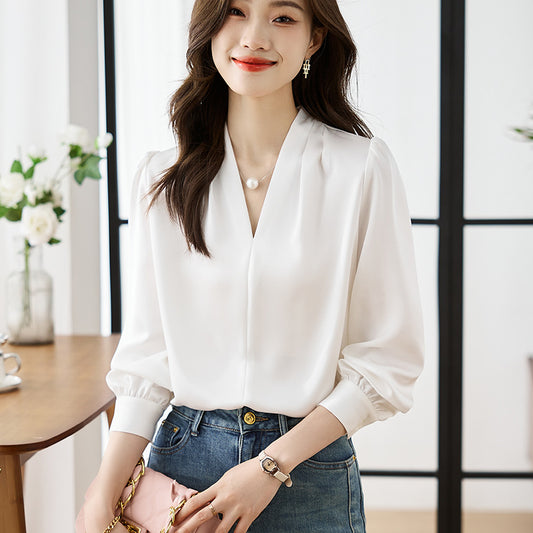 V-neck Lightly Mature Commuter Satin Chiffon Blouse Top