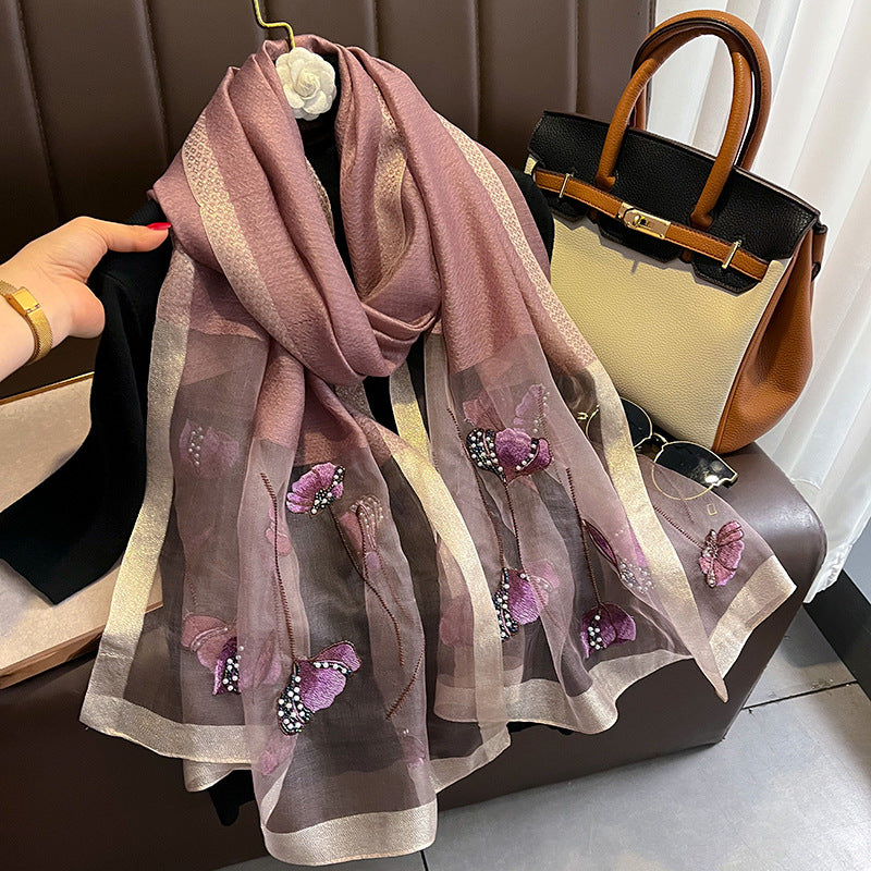 Chinese Style Pearl Flower Scarf Women's Embroidered Silk Scarf Warm Shawl