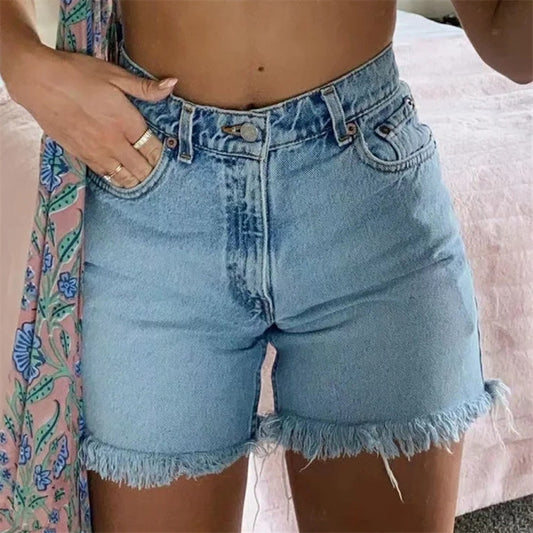 High Waist Slimming Frayed Hand Frayed Denim Shorts